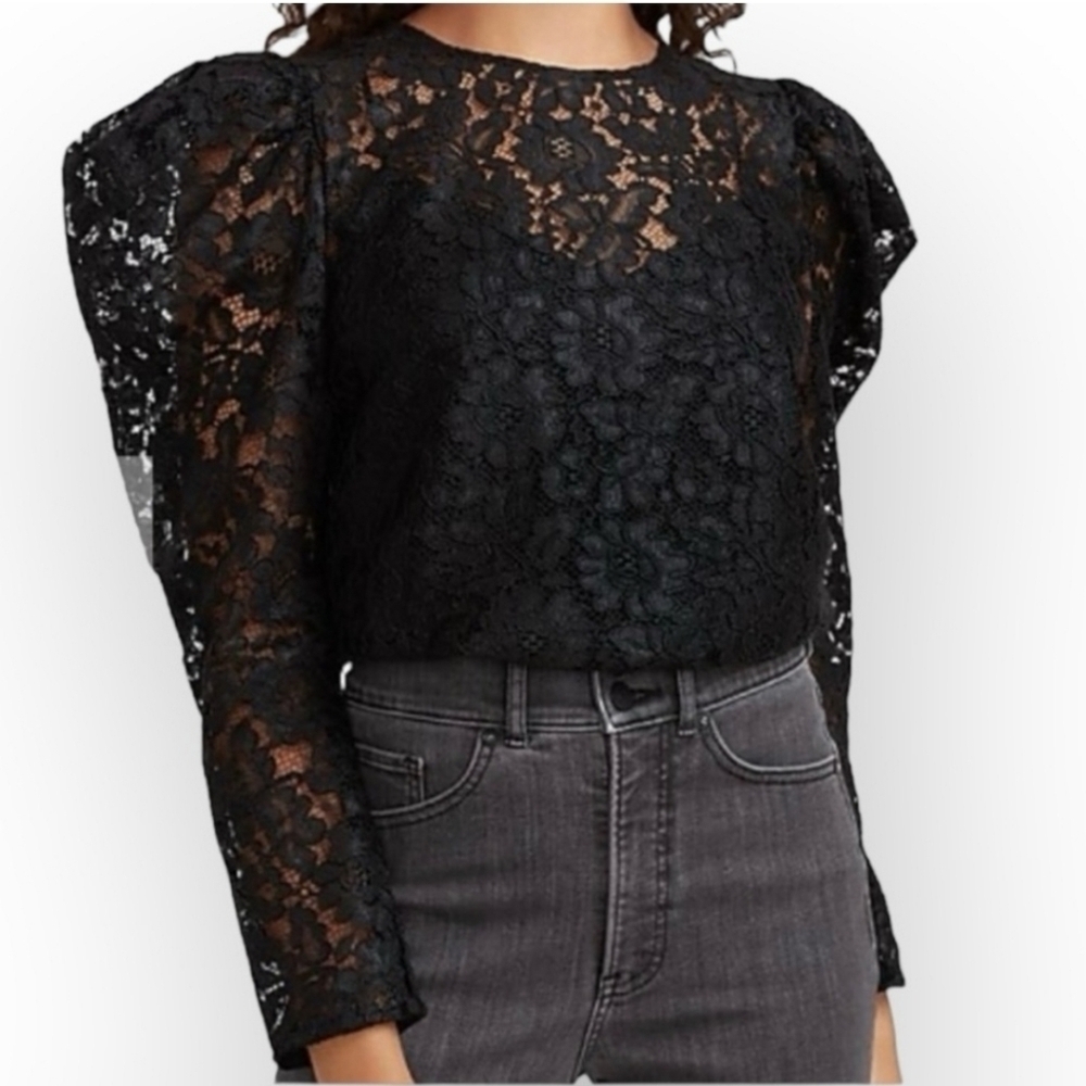 Express Lace Puff Sleeve Top with Underlay Size Medium Pitch Black Polyester NWT